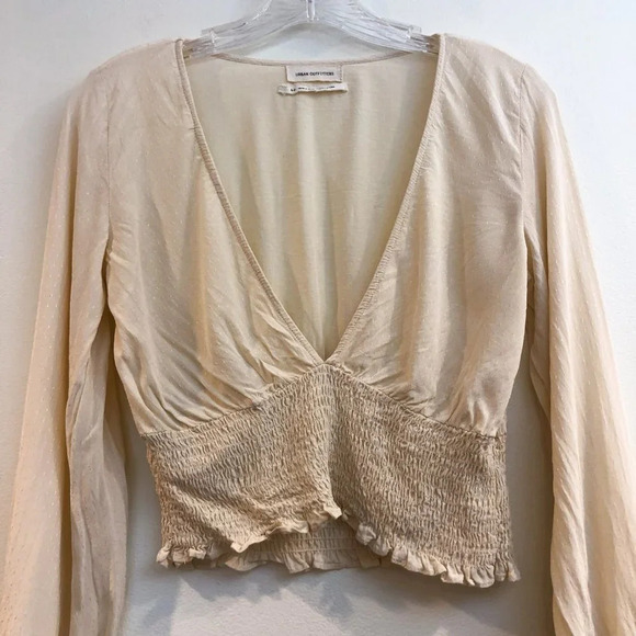 Urban Outfitters Plunging V Neck Bohemian Long Sleeve Cream Sheer Blouse Small - Picture 4 of 7